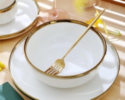 صحن شوربة - زبادي بورسلان ابيض مع حز ذهبي 7 انش