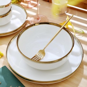 صحن شوربة - زبادي بورسلان ابيض مع حز ذهبي 7 انش