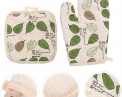 طقم مساكة ساخن + كف قماش قطن مبطن لون بيج مطبع ثقيل