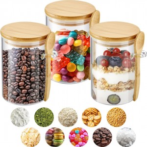علبة بقوليات زجاج مع غطاء بامبو طويل مع معلقة 320 مل بهارات / كاندي / عسل