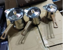 طقم غلايات قهوة فضي فخم ثقيل يد عظم لون خشبي مع غطاء 3 قطع