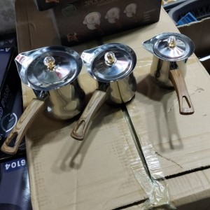 طقم غلايات قهوة فضي فخم ثقيل يد عظم لون خشبي مع غطاء 3 قطع