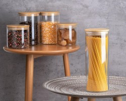 علبة تخزين 33 سم / بقوليات - بهارات وسناكس زجاج مع غطاء بامبو محكم شفط