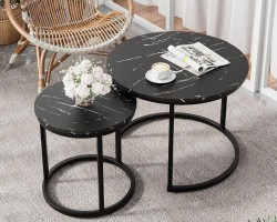 طقم طاولتين وسط مدور خشب رجل معدن متداخل - اسود