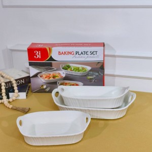 طقم صواني بايركس بورسلان ابيض 3 قطع 10 + 12 + 14 انش صينية فرن مستطيل بورسلان محزز
