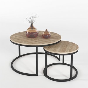 طقم طاولتين وسط مدور خشب رجل معدن متداخل - سكني فاتح