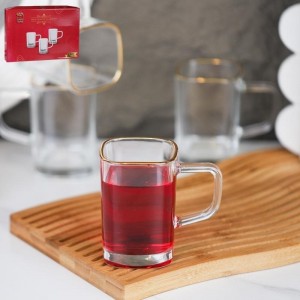 طقم كاسات شاي  شكل مربع مع يد حز / حيف ذهبي قطعة12 زجاج شفاف ملس DW14