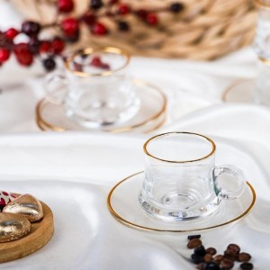 طقم فناجين قهوة / نسكافيه مبسط نفخ من الاسفل 12+12 مع صحون حز ذهبي