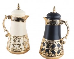 دلة ثيرموس قهوة شكل قبة مع اطار مزخرف نافر ذهبي 800 مل اسود/بيج HL-906 ثيرموس قهوة