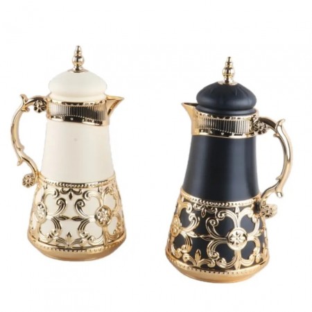 دلة ثيرموس قهوة شكل قبة مع اطار مزخرف نافر ذهبي 800 مل اسود/بيج HL-906 ثيرموس قهوة دلة ثيرموس قهوة شكل قبة مع اطار مزخرف نافر ذهبي 800 مل اسود/بيج HL-906 ثيرموس قهوة