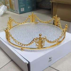 صينية تفضيل ذهبي بيوتر مع زجاج سترص  ثقيل  28 سم