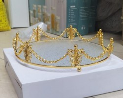  صينية تفضيل ذهبي بيوتر مع زجاج سترص  ثقيل قطر 32 سم