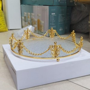  صينية تفضيل ذهبي بيوتر مع زجاج سترص  ثقيل قطر 32 سم