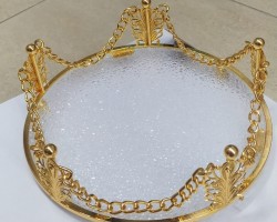  صينية تفضيل ذهبي بيوتر مع زجاج سترص  ثقيل قطر  22 سم