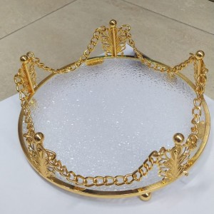  صينية تفضيل ذهبي بيوتر مع زجاج سترص  ثقيل قطر  22 سم