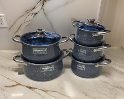 طقم طناجر حديد مطلي جرانيت مع غطاء زجاج 10 قطع ثقيل قياس 18-20-22-24-26 سم