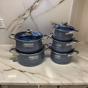 طقم طناجر حديد مطلي جرانيت مع غطاء زجاج 10 قطع ثقيل قياس 18-20-22-24-26 سم