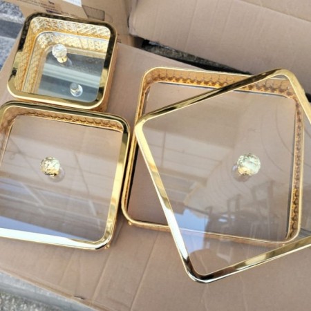 طقم مضايف معدن مذهب ارضية زجاج ١٥ - ٢٠ - ٢٥ سم