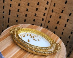 طقم صواني بيوتر مذهب ارضية زجاج بيضاوي قطعتين 40 + 30 سم