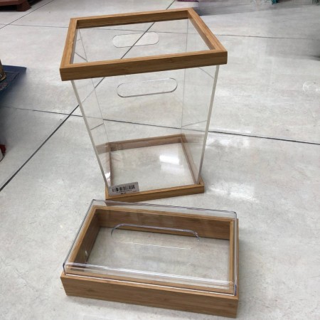 طقم سله مهملات مع علبه بكيت محارم اكريليك شفاف اطار خشب