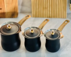 طقم  غلايات قهوة اسود فخم ثقيل يد عظم لون خشبي مع غطاء 3 قطع