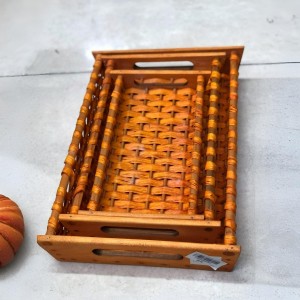 طقم صواني مستطيل قش مجدول لون كرميدي مع اطار بوص بامبو وايدي مدمجة 3 قطع