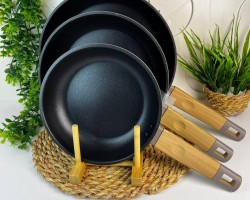 طقم قلايات ثقيل جرانيت يد لون خشبي 3 قطع BAROLY نمرة 20 - 24 - 28 سم