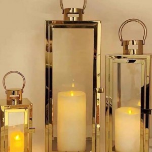 طقم فانوس زجاج اطار معدن ذهبيس مربع 3 قطع AF049-1A 
