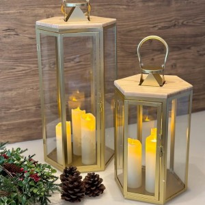 طقم فانوس رمضان سداسي زجاج شفاف مع خشب بامبو في الاعلى قطعتين 65 + 37 سم