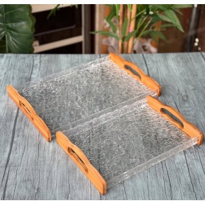 طقم صواني/2 اكريليك مستطيل مثلج وايدي خشب بايمو