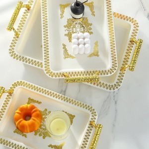 طقم صواني تفضيل مستطيل مع يدين ذهبي اكريليك 3 قطع