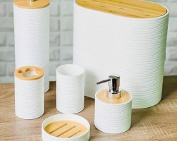 طقم حمام 6 قطع بلاستيك محزز عرضي سل قمامة عريض مع غطاء خشب بامبو Sanitary موديل z-1-1