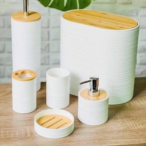 طقم حمام 6 قطع بلاستيك محزز عرضي سل قمامة عريض مع غطاء خشب بامبو Sanitary موديل z-1-1