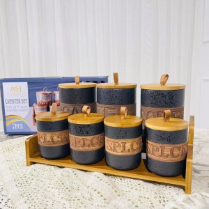 طقم/7 سكريات بهارات بورسلان اسود منقط بني مع ستاند بامبو  277007