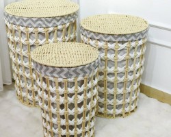 طقم سلال غسيل مدور قش مجدول قماش مع غطا 3 قطع لون ابيض