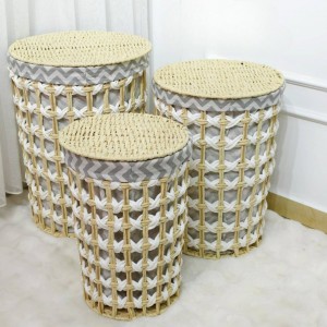 طقم سلال غسيل مدور قش مجدول قماش مع غطا 3 قطع لون ابيض