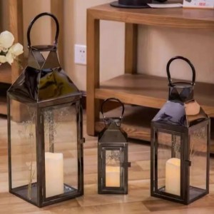 طقم فانوس زجاج اطار معدن اسود قبة مزخرف مربع 3 قطع AF049-3B 