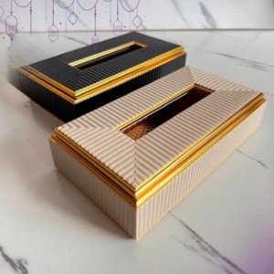 علبة محارم مستطيل ذهبي محزز ابيض نافر اكريليك علبة محارم مستطيل ذهبي محزز ابيض نافر اكريليك