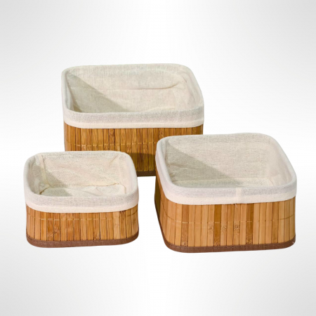 طقم سلال ديكور مربع خشب بوص بامبو مع قماش 3 قطع طقم سلال ديكور مربع خشب بوص بامبو مع قماش 3 قطع