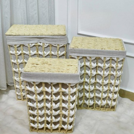 سلة غسيل مستطيل قش مجدول قماش مع غطا الحجم الوسط 45 × 35 × 25 سم