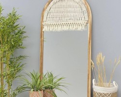 مراة شكل شباك قوس شكل اطار خشب مع تطريز مكرميه 110 × 50 سم