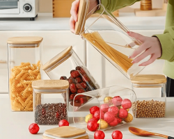 طقم مطربان مرطبان  - مرتبان اكريلك مع غطاء خشب 6 قطع