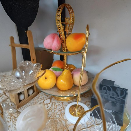 حمالة فواكة زجاج مع ذهبي طابقين مع حمالة ثقيل 