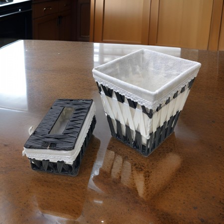 طقم سلة مع بكيت محارم قش عريض اسود وابيض طقم سلة مع بكيت محارم قش عريض اسود وابيض