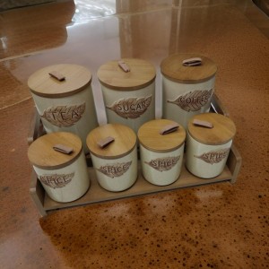 طقم سكريات بهارات بورسلان بيج ورقة مع ستاند بامبو 7 قطع