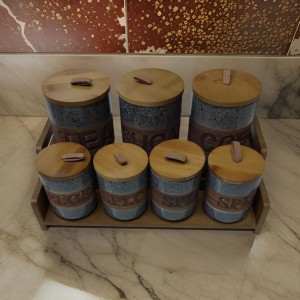 طقم سكريات بهارات بورسلان سكني محزز عرضي مع ستاند بامبو 7 قطع