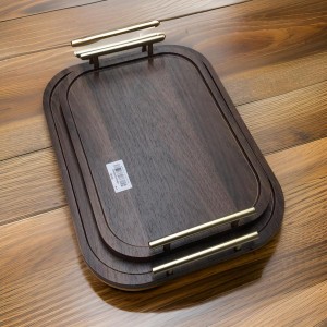 طقم صواني خشب مدور او مرققفع مع يد ذهبي قطعتين