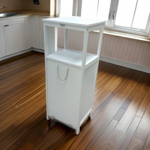 ستاند سلة غسيل خشب مع رفين علويات لون ابيض