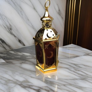 فانوس ذهبي معدن مذهب شكل قبة مسجد مع حمالة زجاج مثلج ملون شكل سداسي