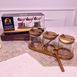 طقم مرتبان / كاندي زجاج 350  مل مع غطاء وقاعدة اسطواني بامبو GPG299 مرطبان بهارات